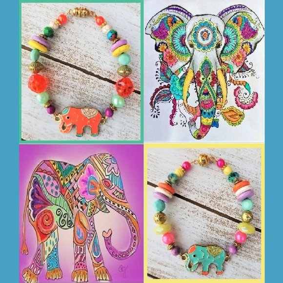 Artisan Bracelet Elephant Aqua Pink Yellow Gold Multi Beaded Magnetic Closure - Picture 7 of 7